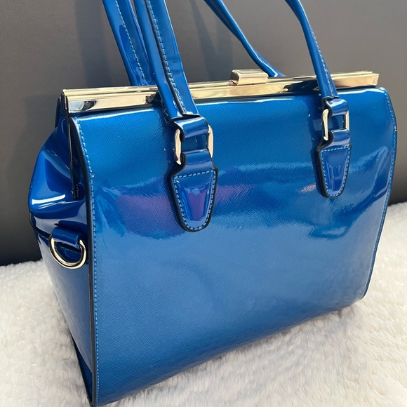 Glossy Blue Patent Satchel Tote Bag Purse Structured Handbag Crossbody Gold Trim - Picture 1 of 6